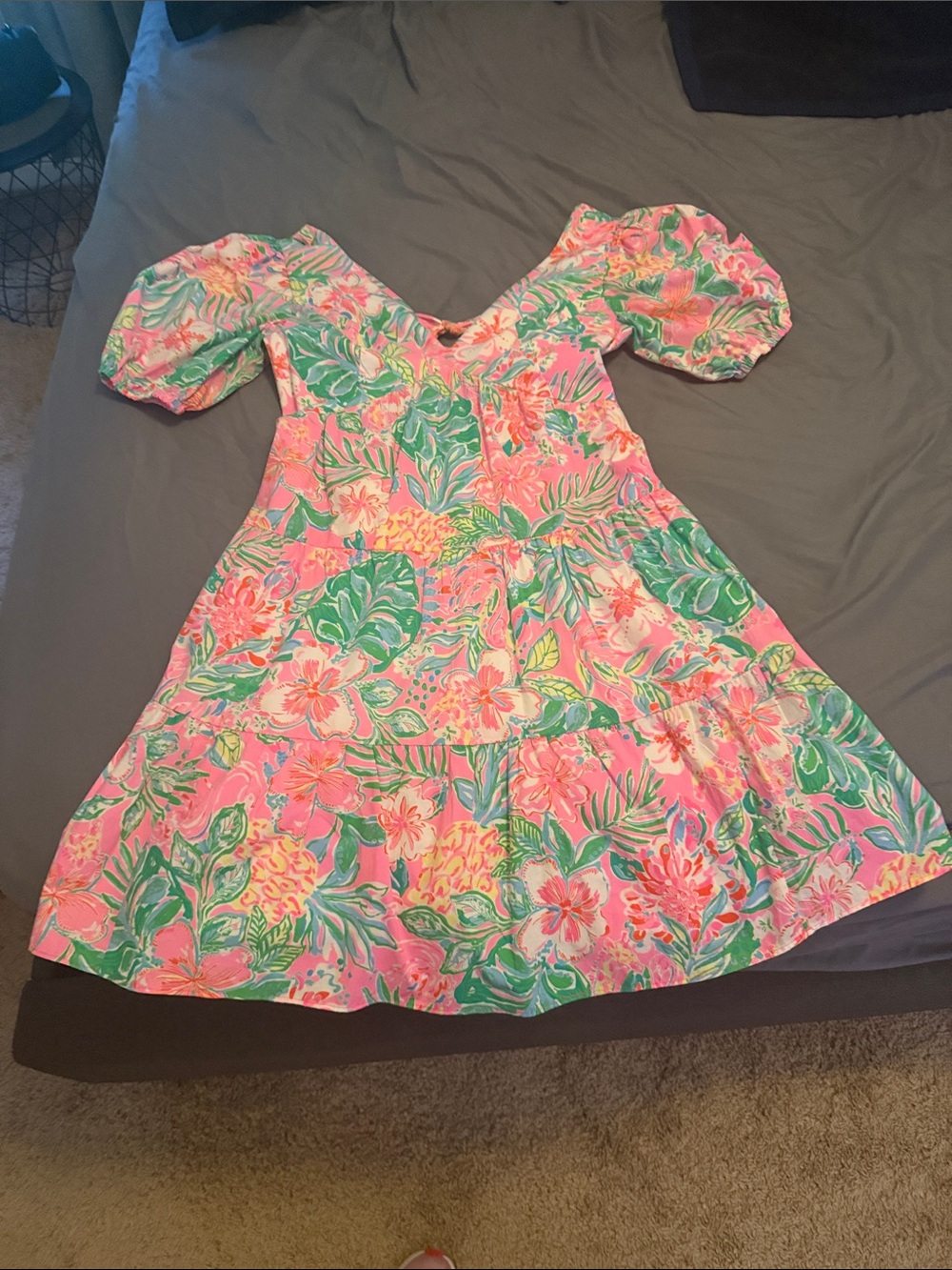 Lilly Pulitzer Pink Floral Puff-Sleeve Dress with Green Leaves